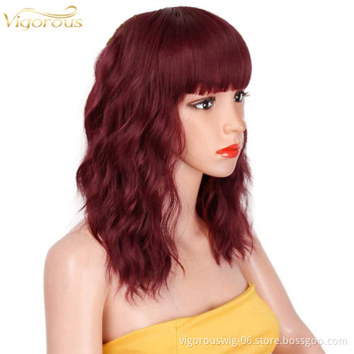 Vigorous wholesale cheap short wave burgundy color glueless synthetic hair wigs cosplay with bangs for black white women  hair